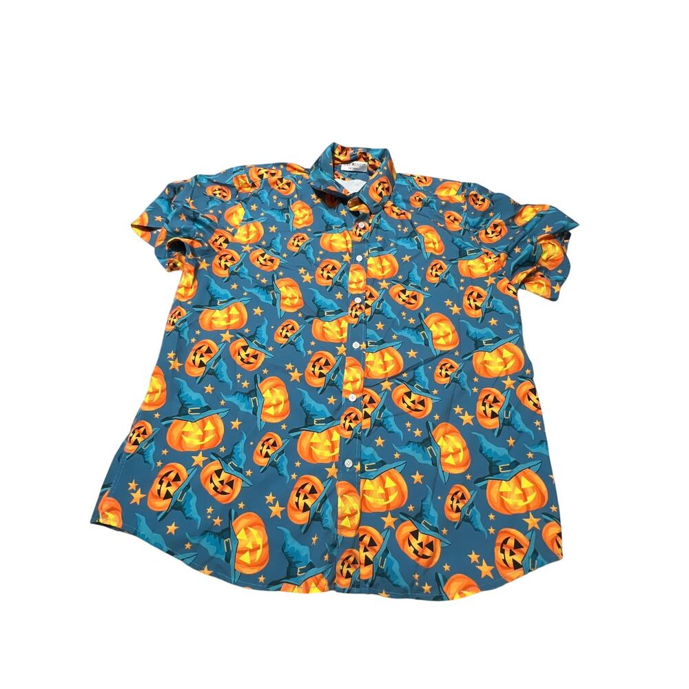 Halloween Short Sleeve Button Down Shirt Pumpkin Size XL